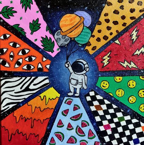 acrylic vsco painting with a trippy astronaut in space Trippy Astronaut Painting, Vsco Painting, Trippy Astronaut, Murals Bedroom, Everything At Once, Astronaut In Space, Space Painting, Paint Night, Astronauts In Space