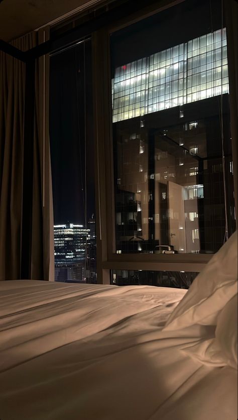 City Bedroom Aesthetic Night, City View Apartment Aesthetic Night, City View Apartment Night Wallpaper, New York Night Apartment View, Beautiful Bed Designs, Bedroom Background, Aesthetic Night City View From Apartment Window, City View Apartment, Nyc Penthouse