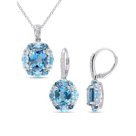 Tangelo 13-1/5 Carat T.g.w. London, Swiss and Sky- Blue Topaz and White Topaz Sterling Silver 2-Pc Earrings and Pendant Set, Women's, Size: 18 Dainty Chain Necklace, Silver Cleaning, Halo Necklace, Blue Topaz Necklace, Halo Earrings, Topaz Necklace, Blue Topaz Stone, Blue Topaz Earrings, Gem Necklace