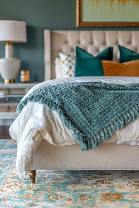 Farmhouse Teal Bedroom, Bedroom Ideas Turquoise, Gold Theme Room, Turquoise Bedroom Ideas For Adults, Gray And Turquoise Bedroom, Light Teal Bedroom, Aqua Bedroom Ideas, White And Turquoise Bedroom, Turquoise Bedroom Ideas