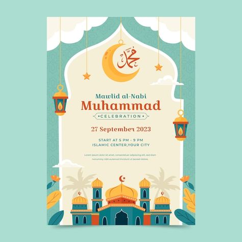 Free vector flat vertical poster templat... | Free Vector #Freepik #freevector #flat-poster #muhammad #vertical-poster #maulidur-rasul Maulidur Rasul Poster, Islamic Center, Vertical Poster, Poster Template, Holiday Celebration, Vector Free, Celebrities, Quick Saves