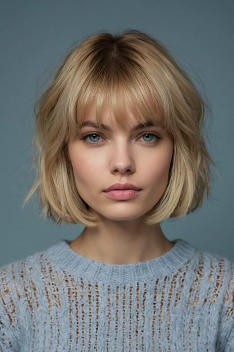 Blonde With Curtain Bangs Short, Classic Bob With Curtain Bangs, Platinum Blonde Bob With Curtain Bangs, Straight Blonde Bob With Bangs, Golden Blonde Bob With Bangs, Layers And Bangs, Messy Ponytail, Curly Hair With Bangs, Ash Blonde Hair