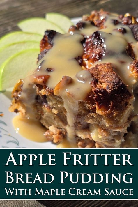 A serving of apple fritter bread pudding on a plate, with maple cream sauce. Apple Fritters Bread, Maple Cream Sauce, Baklava Cookies, Rv Camping Recipes, Campfire Meals, Hotdish Recipes, Fancy Desserts Recipes, Baking Pies, Apple Fritter Bread