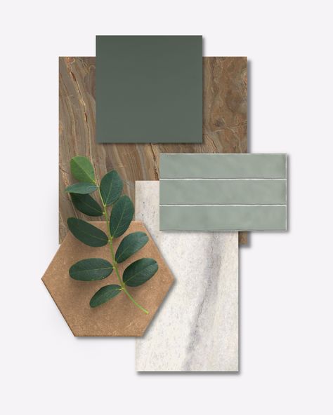 Olive Green And Wood Color Palette, Green And Natural Wood Color Palette, Black White Wood Green Mood Board, Olive Green Washroom, Green Tile Bathroom Mood Board, Stone Ceramic, X Design, Material Board, Sage Color