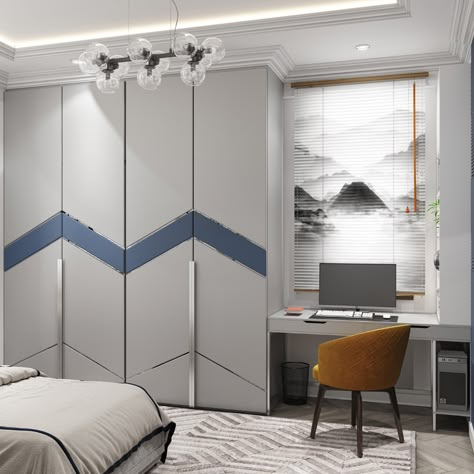 Nazrin Aliyeva on Behance Luxury Bedroom Cupboard Design, Designs On Wardrobe Doors, Furniture Laminate Ideas, Bed Rooms Door Design Modern, 3 Wardrobe Design Bedroom, Wordrop Ideas Colour, Bedroom Laminate Design, Blue Wardrobe Design, Glossy Wardrobe Designs