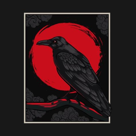 Black Raven Moon Red Japanese Nordic Crow Lover - Raven - Hoodie | TeePublic Crow Japanese Art, Ancient Logo, Raven Illustration, All World Map, Electronic Tattoo, Crows Drawing, Red Raven, Crow Painting, Dnd Crafts