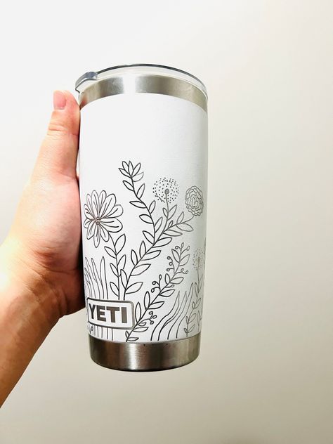 20 oz floral tumbler with hand drawn floral design. Custom engraved with your name or message. #floraltumbler #tumbler #customtumbler . #Etched_Water_Bottle_Design #Mug_Engraving_Ideas #Etched_Yeti_Tumbler #Cricket_Tumbler_Ideas Name Tumbler Ideas, Etched Water Bottle, Etched Tumbler Ideas, Custom Hard Hats, Custom Car Stickers, Custom Wall Stickers, Hard Hat Stickers, Engraving Ideas, Custom Vinyl Stickers