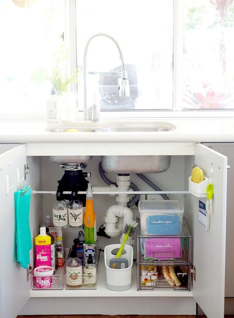 How to organise under the kitchen sink cupboard - The Organised Housewife Organize Kitchen Sink, Under The Kitchen Sink, Organised Housewife, Clear Storage Bins, Antibacterial Wipes, Large Fridge, Pantry Boxes, Clean Fridge, Under Sink Storage