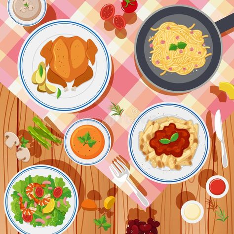 Food On Table, Table Illustration, Food Background Wallpapers, Different Types Of Food, Digital Illustration Tutorial, Bond Paper Design, Food Sketch, Food Illustration Art, Pasta Plates