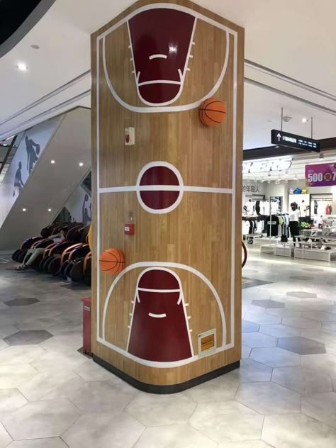 Sports Store Interior, Sport Interior Design, Basketball Store, Indoor Basketball Court, Event Booth, Indoor Basketball, Column Design, Retail Store Design, Sports Decorations