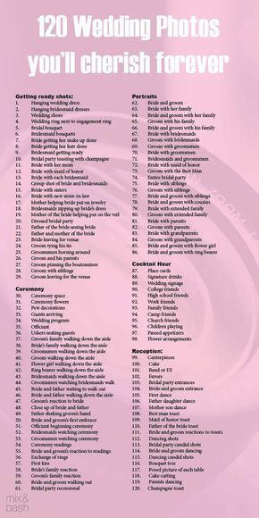 It’s a cliché, but it’s true: Your wedding day will fly by. Afterwards, you’ll want pictures (and maybe even video footage) of all the special moments. Great photographers will help you out by asking for a shot list before the big day. A shot list is a detailed checklist of every moment, detail, and person you want photographed. That’s why we came up with a starter list of 120 photos that you and your new family will treasure for years to come. Getting ready Hanging wedding dress Hanging Wedding Dress, Wedding Picture List, Wedding Photo List, Photo Checklist, Wedding Shot List, Wedding Photography Checklist, Diwali Images, Wedding Day Timeline, Foto Tips