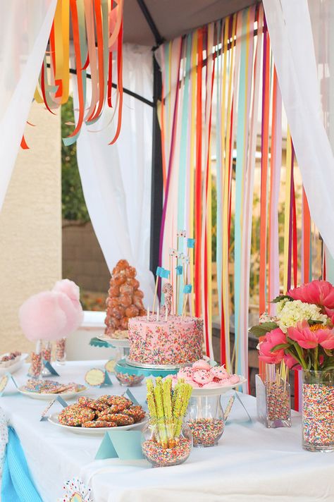 Sprinkles Birthday Party, Part 2! Dessert Table Time! | Tikkido.com Birthday Dessert Table, Sprinkles Birthday Party, Birthday Dessert, Sprinkle Shower, Sprinkle Party, Sprinkle Baby Shower, Confetti Party, Wedding Confetti