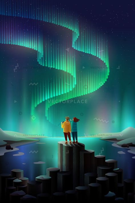 Watching Northern Lights, Northern Lights Tattoo, Landscape Vector Illustration, Dark Academia Aesthetic Wallpaper, Northern Lights Art, Christmas Lights Wallpaper, Landscape Vector, Iceland Vacation, Northern Lights Painting