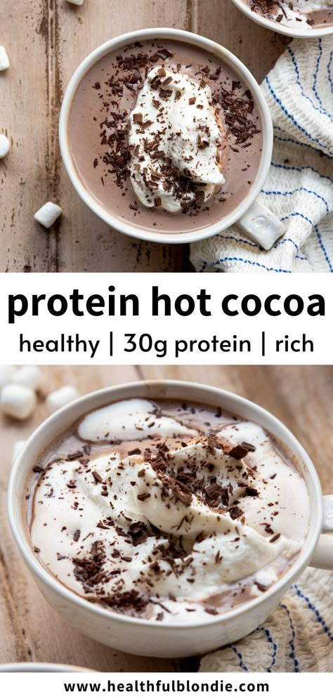 This high-protein hot chocolate is rich, creamy, and ready in under 5 minutes. With over 30 grams of protein, this healthy hot cocoa is made with chocolate protein powder in your microwave or stovetop. Nourishing Drinks, Party Snacks For Adults, Protien Drinks, Bariatric Protein, Protein Hot Chocolate, Healthier Drinks, Hot Chocolate Protein, Protein Sweets, Snacks For Adults