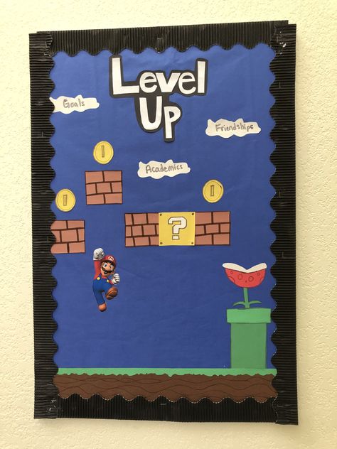 Super Mario bros bulletin board Super Mario Bros Bulletin Board Ideas, Super Mario Classroom Door, Mario Bros Bulletin Board, Mario Brothers Bulletin Board, Super Mario Brothers Bulletin Board, Mario Kart Bulletin Board, Super Mario School Bulletin Board, Super Mario Bulletin Board, Mario Kart Door Decs