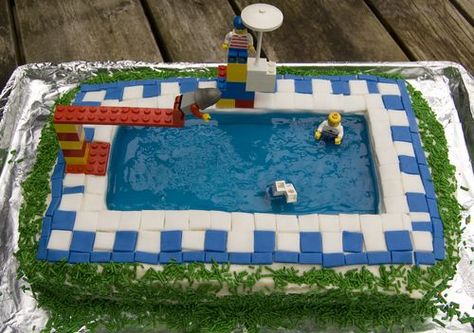 lego pool party cake Lego Pool Party, Lego Pool, Pool Party Cake, Swimming Pool Cake, Pool Party Cakes, Pool Cake, Urban Island, Lego Birthday Party, Summer Birthday Party