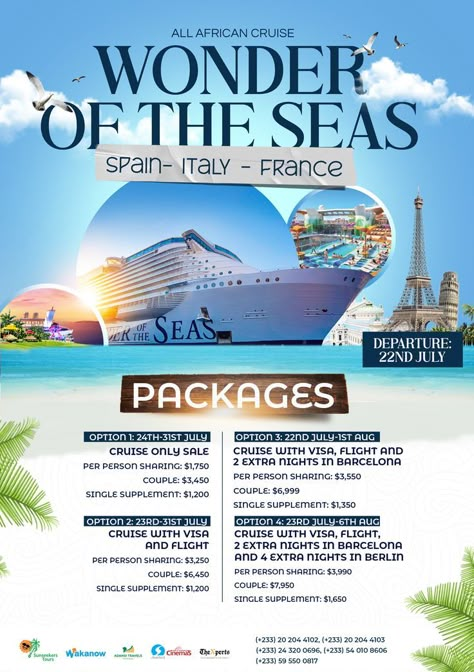 Cruise Poster Design, Tour Itinerary Design, Travel Package Poster Design, Wonder Of The Seas, Studio Background Ideas, Travel Advertising Design, Travel Brochure Design, Bali Tour Packages, Travel Flyer