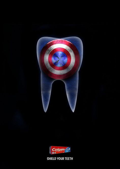 This ad for Colgate toothpaste borrows the interest for Marvel (specifically Captain America) by saying that its toothpaste shields teeth by using Captain America's well known shield to show that. College Ads, Colgate Toothpaste, Ads Creative Advertising Ideas, Best Advertising, 광고 디자인, Collage Art Projects, Contemporary Arts, Advertising Ideas, Best Ads