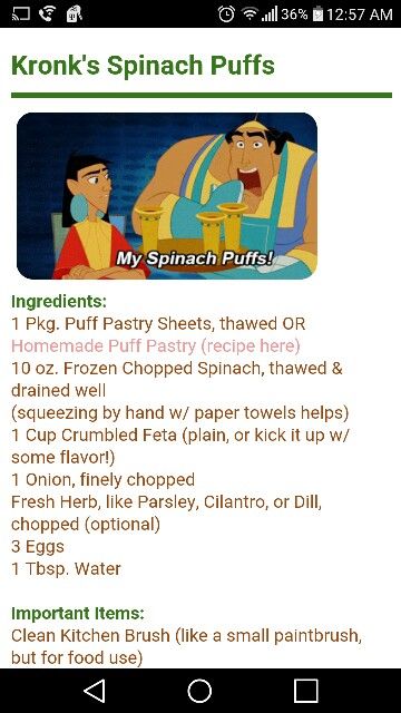 Kronk's Spinach Puffs Recipe, Kronk Spinach Puffs, Spinach Puffs Kronk, Kronks Spinach Puff, Spinach Puffs Recipe, Disney Nights, Cartoon Recipe, Spinach Puffs, Movie Recipes