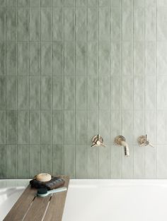 Brick Effect Wall Tiles, Bad Inspiration, Tile Inspiration, Green Tile, Family Bathroom, Bathroom Renos, Laundry In Bathroom, House Bathroom, Bath Tub