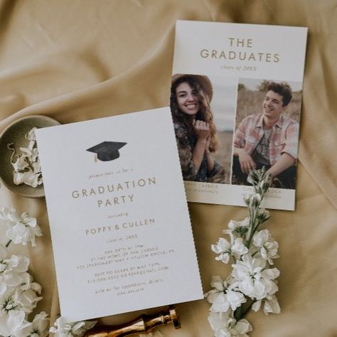 $2.77 | Chic Gold Grad Cap Photo Double Graduation Party #modern high school grad party, classic class of 2024, minimal gradate celebration announcement, boho front back graduation announcement, rustic double graduation party invite, minimalist joint grad party invitation, simple photo college senior graduation, grad party printable instant download, graduation cap hat tassel k400, bohemian neutral yellow gold white Grad Party Invite, Cap Photo, Watercolor Graduation, Gold Graduation Party, Graduation Announcement Cards, Gold Typography, Graduation Invitations Template, Graduation Party Invitation, Carton Invitation