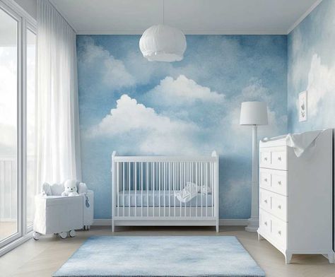 9+ Sky Blue and White Infant Decorating Room Ideas for Calm Spaces • 333+ Inspiring Lifestyle Ideas Blue Sky Nursery, Cloud Nursery Girl, Light Blue Armchair, Sky Themed Nursery, Blue Nursery Girl, Decorating Room Ideas, Sky Nursery, Blue Bathroom Tile, Inspiring Lifestyle