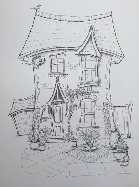 A commission. A modern house given a quirky, individual look. Pen and ink Art Houses Drawing, Cute House Drawing Simple, House Drawing Sketches Simple, Abstract House Drawing, Crooked House Drawing, Cottage Drawing Simple, Pen And Ink Drawings Simple, Imaginary House Drawing, Cottage House Drawing