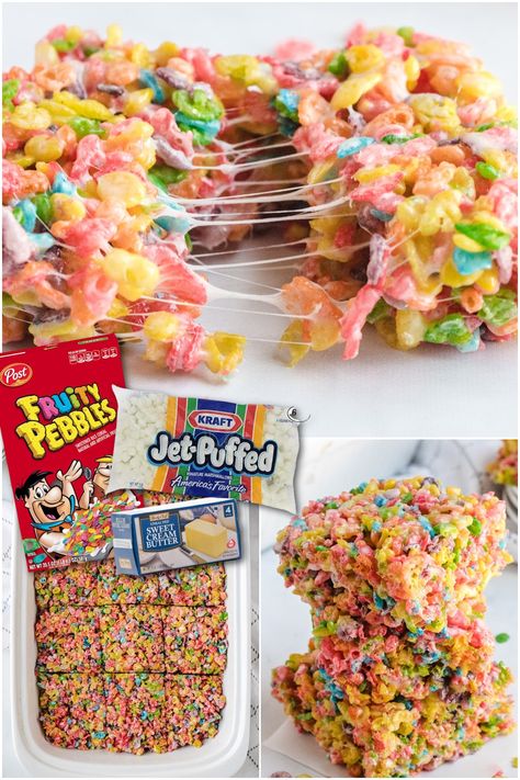 Fruity Pebbles treats are the perfect balance of crispy and fluffy that combines colorful cereal with gooey marshmallows. If you are a fan of classic Rice Krispies treats, you will definitely love the fruity flavor of this rainbow version. Fruity Pebbles Rice Crispy Treats Recipe, Rice Crispy Cake, Fruity Pebbles Treats, Marshmallow Cereal, Rice Crispy Treats Recipe, Fruity Pebbles Cereal, Pebbles Cereal, Rainbow Treats, Krispie Treats Recipe