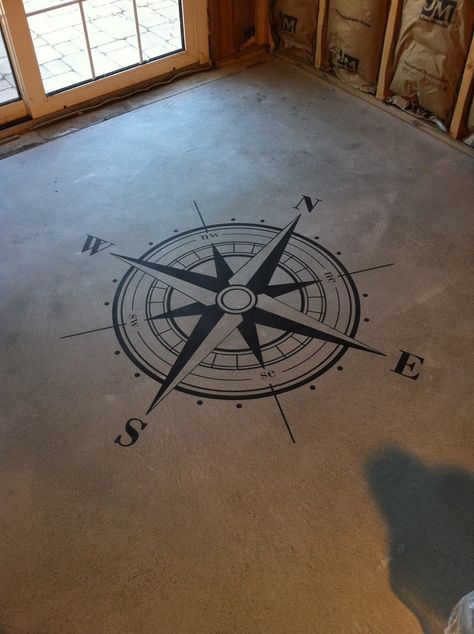 Compass Floor Stencil with latitude and longitude coordinates so my babies always know where home is. Notes: would be great on patio Gray Floors, Floor Stencil, Entryway Tile, Painted Concrete, Painted Concrete Floors, Latitude And Longitude, Cheap Kitchen Cabinets, Mother's Ring, Stencil Wood