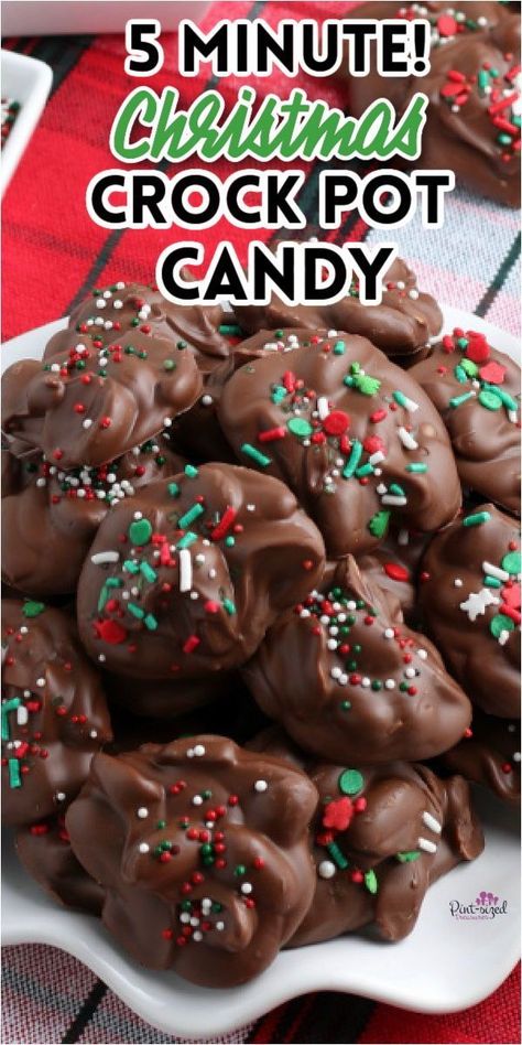 Chocolate covered peanuts candy on a plate. Topped with festive sprinkles. Crock Pot Candy, Candy For Christmas, Christmas Crock, Crockpot Candy Recipes, Crockpot Christmas, Chocolate Covered Nuts, Crockpot Candy, Peanut Clusters, Peanut Candy