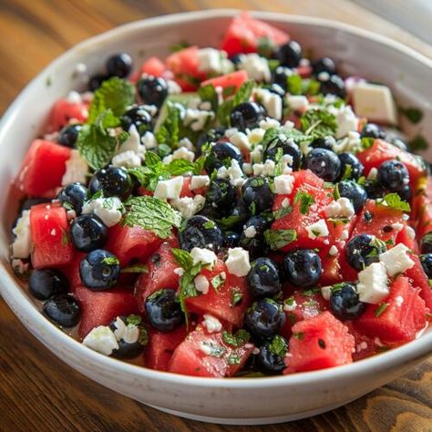 Watermelon Feta Blueberry Salad - Dee Dee Does Patriotic Appetizers, 4th Of July Recipes, Party Side Dishes, Sweet Appetizer, Blueberry Salad, Blueberry Mint, Summer Potluck, Salads For A Crowd, Fresh Summer Salad