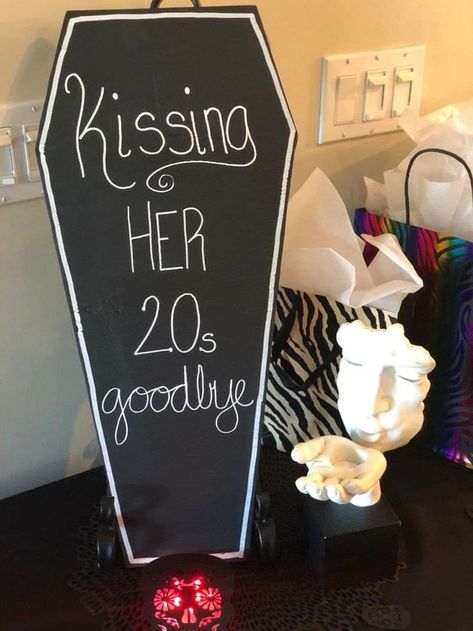 Rip To My 20s Party Diy, Say Goodbye To Your 20s 30th Birthday, Goth 40th Birthday, Womens 30th Birthday Ideas Party Themes, Rip To My 20s Party Centerpieces, Goth Bday Party Ideas, Halloween Themed 21st Birthday Party, Rip20s Party, Rest In Peace 20s Birthday