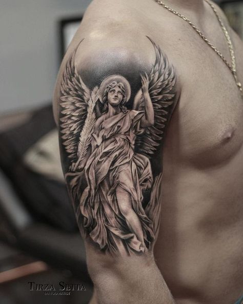 Angle Tattoo For Men, Angle Tattoo, Tattoo Font For Men, Archangel Tattoo, Heaven Tattoos, Cool Forearm Tattoos, Upper Arm Tattoos, Bicep Tattoo, Jesus Tattoo