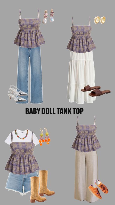 styling, outfit inspo, babydoll tank top Babydoll Tank Top Outfit, Tank Top Outfit, Babydoll Tank Top, Babydoll Tank, Top Outfit, Babydoll Top, How To Style, Tank Top, Outfit Inspo