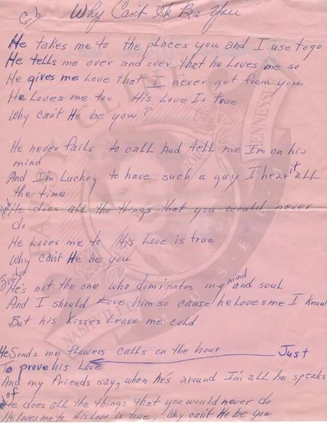 Patsy Cline handwritten letter writing lyrics for "Why Can't He Be". Patsy Cline Aesthetic, Writing Lyrics, Handwritten Letter, Patsy Cline, He Loves Me, Letter Writing, The Song, Sheet Music, Writing