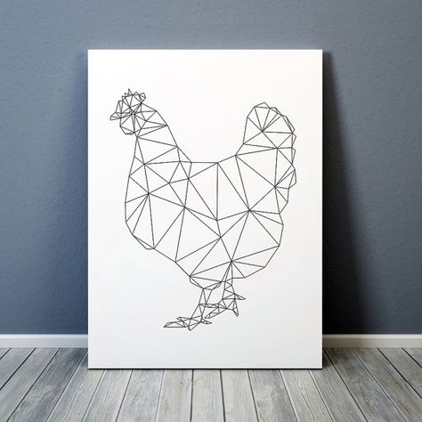 Geometric bird print. Chicken poster. Minimal decor for home and office. Lovely line art. Available in two sizes: A4 (8.2x11) and A3 (11.6x16.5). Geometric Chicken, Line Art Minimal, Chicken Poster, Polygon Design, Chicken Illustration, Geometric Bird, Geometric Origami, Blackwork Patterns, Polygon Art