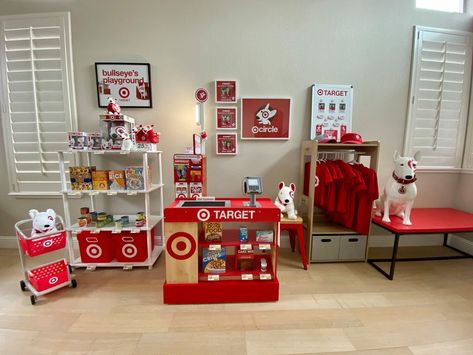 Target Playroom Ideas, Grocery Store Playroom, Pretend Playroom, Target Birthday, Starbucks Theme, Kids Grocery Store, Grocery Store Dramatic Play, Target Store, Barbie Miniatures