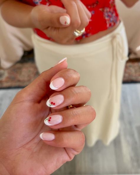 Cherry Nails French Tip, Cherry French Tip Nails, Cherry Manicure, Cherry Nails Acrylic, Wildflower Hair, Nails French Manicure, Fruit Nails, Trendy Shades, Cherry Nails