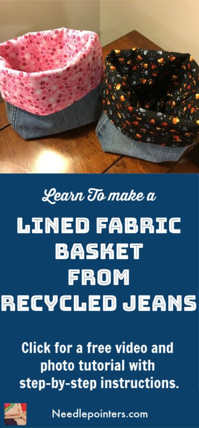 Make a lined fabric basket from Recycled Jeans with our free video tutorial.  This is a quick and easy sewing project which is a great way to re-purpose an old pair of jeans.  Click to find out more! Denim Boxes Ideas, Jeans Basket Diy, Jean Basket Diy, Denim Basket Diy Old Jeans, Sewing Denim Projects, Jean Basket, Sewing Samples, Jeans Projects, Denim Basket