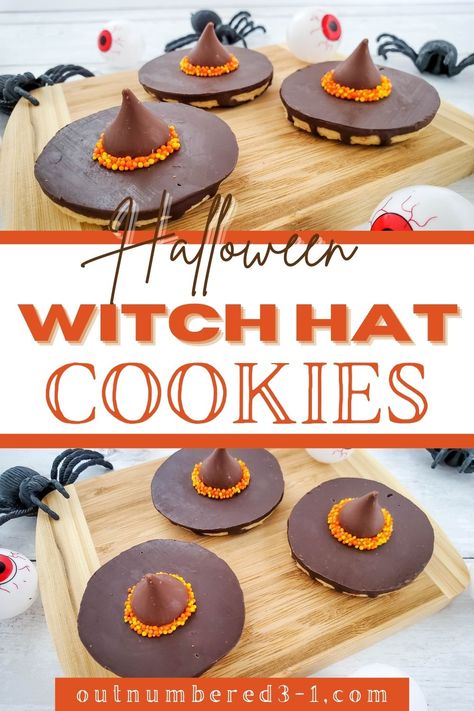 Halloween is fast approaching! It is time to unleash our creativity and the Witch's Hat Cookies are just perfect for the festivities. These bite-sized cookies are perfect for classroom parties and Halloween party treats. To top it up, preparing these witch hat cookies takes only 15 minutes. Also, the recipe is super easy since it doesnâ€™t involve baking. via @meloutnumbered October Cooking Projects For Kids, 1st Birthday Costume Party Ideas, Kids Halloween Baking Ideas, Halloween Baking Ideas Cookies, Halloween Snacks For Kids Party School, Casper Themed Food, Hocus Pocus Treats Easy, Halloween Recipes Dessert Easy, Halloween Deserts For Party