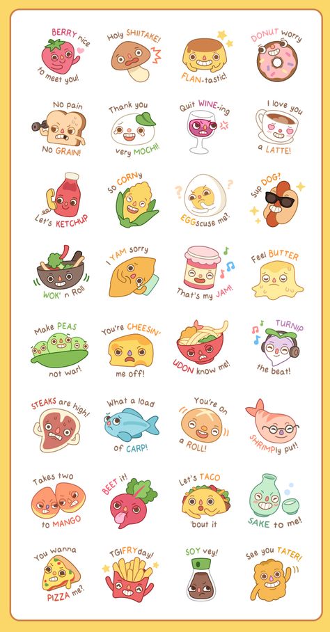 Yummy Sticker, Sticker Line, Cute Bunny Cartoon, Cute Puns, Food Puns, Cute Food Drawings, Cute Food Art, Amazing Drawings, Badge Design