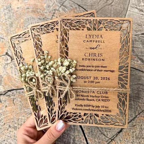 Pack of Floral Personalized Wedding Invitations - Laser Cut Wedding Invitation - Flower Twined Wooden Invitations with Envelopes & Stickers Wedding Invitations Flower, Dr Wedding, Personalized Wedding Invitations, Wooden Wedding Invitations, Forest Theme Wedding, Dressing Ideas, Handmade Invitations, December Wedding, Moody Wedding