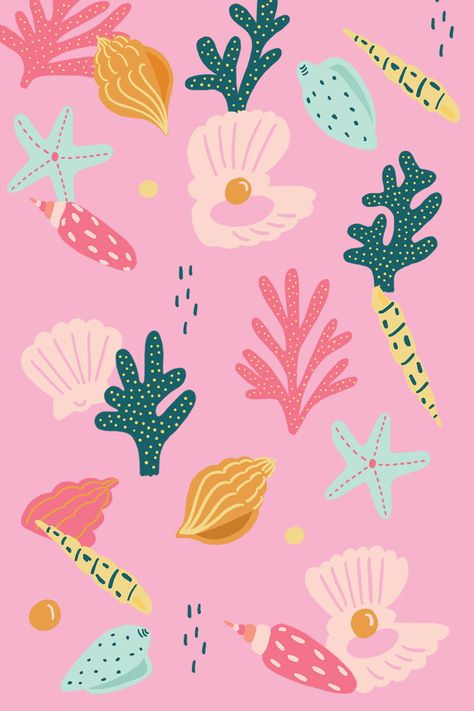 Beach Pattern Wallpaper, Colour Pattern Design, Illustrated Pattern, Beach Pattern Design, Beach Illustration Art, Shells Illustration, Beach Illustration Design, Sea Wallpaper Illustration, Summer Prints Pattern