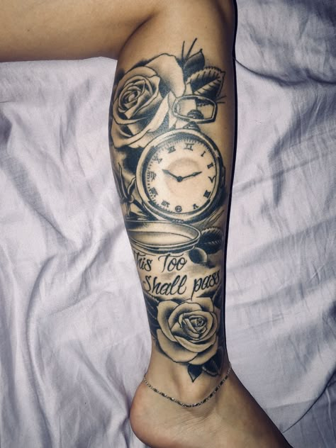 Womens Side Of Calf Tattoo, Back Of Lower Leg Tattoo Women, Clock Leg Tattoos Women, Leg Tattoos Women Cover Up, Rose Calf Tattoos For Women, Female Calf Tattoo For Women, Leg Peices Tattoos, Half Leg Sleeves For Females Calf, Women Leg Tattoos Calf