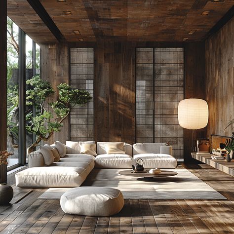 Wasabi Living Room, Plant Filled Home, Wood House Interior Design, Japanese Modern Interior, Zen Living Room, Japanese Interior Design Modern, Brutalist Interior, Zen Interiors, Japandi Interiors