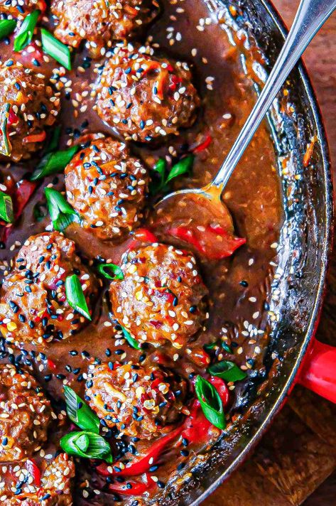 Super Saucy, Sweet & Spicy Hoisin Meatballs - Cristina's Kitchen Hoisin Meatballs, Spicy Meatballs Recipe, Porcupine Meatballs, Asian Meatballs, Meatball Soup, Jasmine Rice, Hoisin Sauce, Coconut Curry, Freezer Friendly