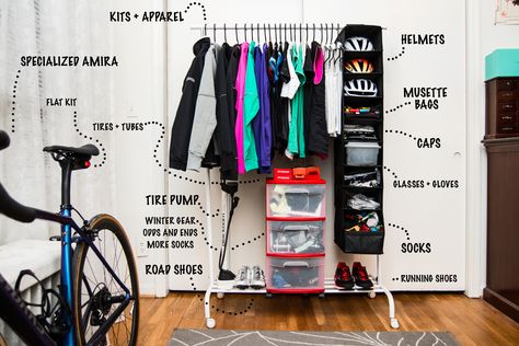 Bike Gear Storage, Cycling Gear Storage, Cycling Clothing And Equipment, Bicycle Room, Wardrobe Organization, Bike Room, Cycling Clothes, Wardrobe Organisation, Workout Wardrobe