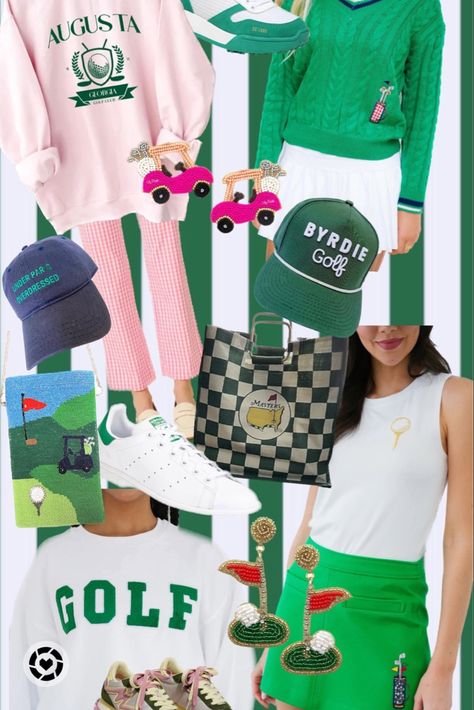 Golf Tournament Outfit Spectator What To Wear, Golf Bar Crawl Outfit, 80s Golf Attire, Pink And Green Golf Outfit, Golf Theme Party Outfit Women, Golf Tournament Themes For Women, Women’s Golf Outfit Ideas, Cart Girl Outfits Golf, Golf Championship Outfit