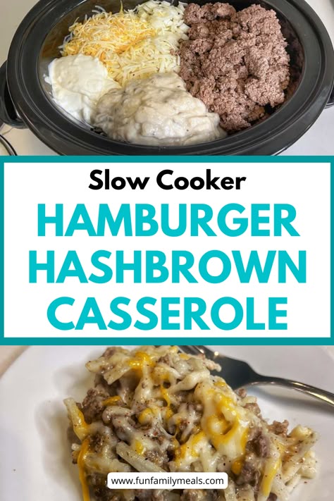 Crockpot Hamburger Hashbrown Casserole (also known as hamburger hash) is like a delicious serving of cheeseburgers and French fries, all in one bite (and pot). This easy family meal is easy to make and the perfect comfort food. Easy Crockpot Hamburger Meat Recipes, Crockpot Cheeseburger Soup With Hashbrowns, Shredded Hashbrown Recipes Crockpot, Crockpot Meals With Frozen Hashbrowns, Crockpot Hamburger Hashbrown Casserole, Hashbrown Casserole Crockpot Easy, Hamburger Frozen Hashbrown Casserole, Ground Beef Hashbrown Crockpot Recipes, Crockpot Hashbrown Casserole Ground Beef