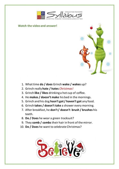 The Grinch - Present Simple worksheet The Grinch Worksheets, Grinch Worksheets, New Year Worksheets For Kids, Grinch Activity, New Year Worksheet, Present Simple Worksheet, Grinch Activities, Der Grinch, Christmas Lesson